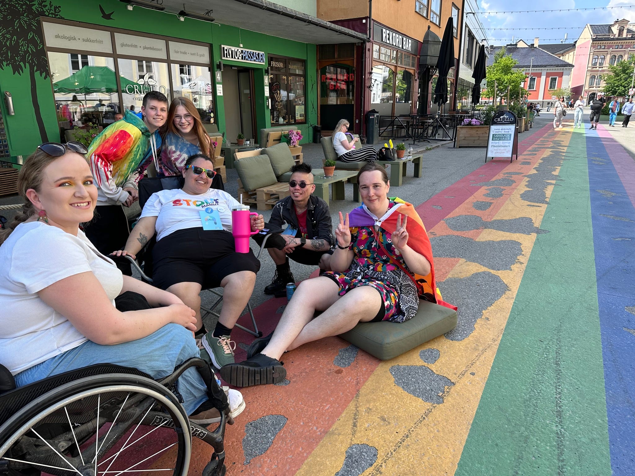 Queer Hangout together on the rainbow street in Drammen during Skeiv Dag.