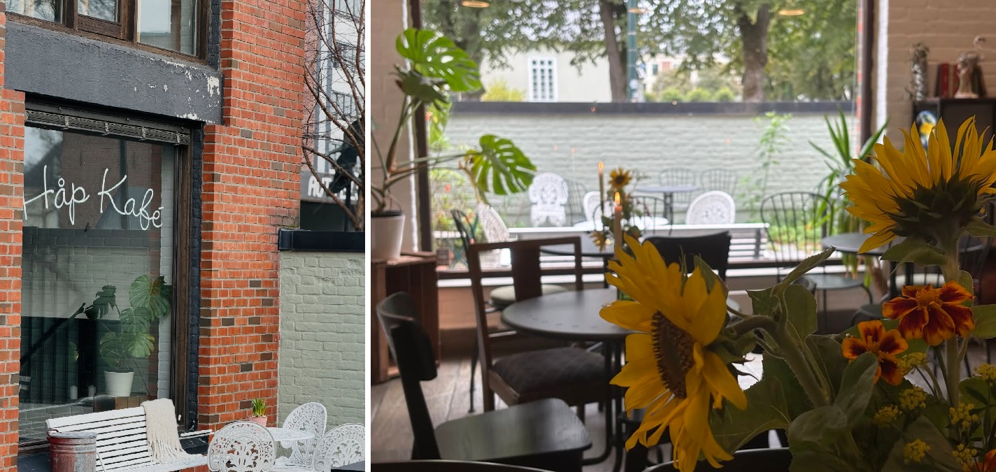 Two photos show Håp Cafe from outside and inside. The window displays the cafe name, with metal benches and tables outside. Inside are chairs, tables, and sunflowers.